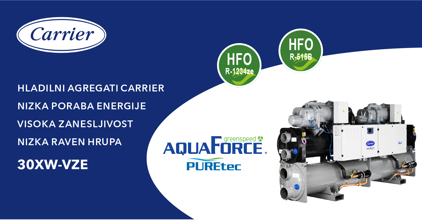 VODNO HLAJENI HLADILNI AGREGATI Z VIJAČNIM KOMPRESORJEM CARRIER AQUAFORCE Z NOVIM HLADILNIM SREDSTVOM R515B!